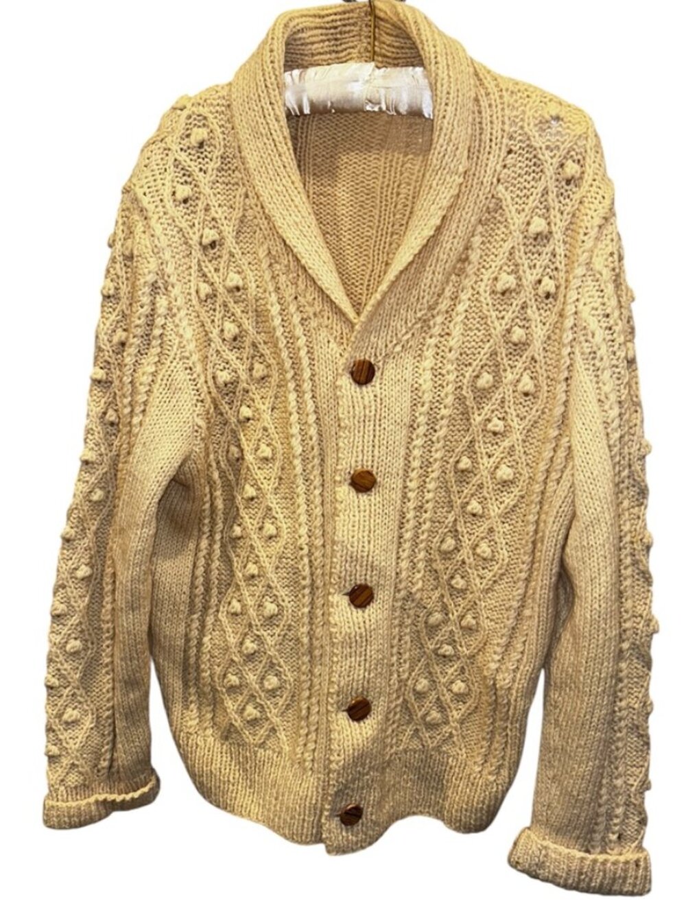 Irish Fishermans Hand Knit aran cable vintage mens cardigan sweater XL